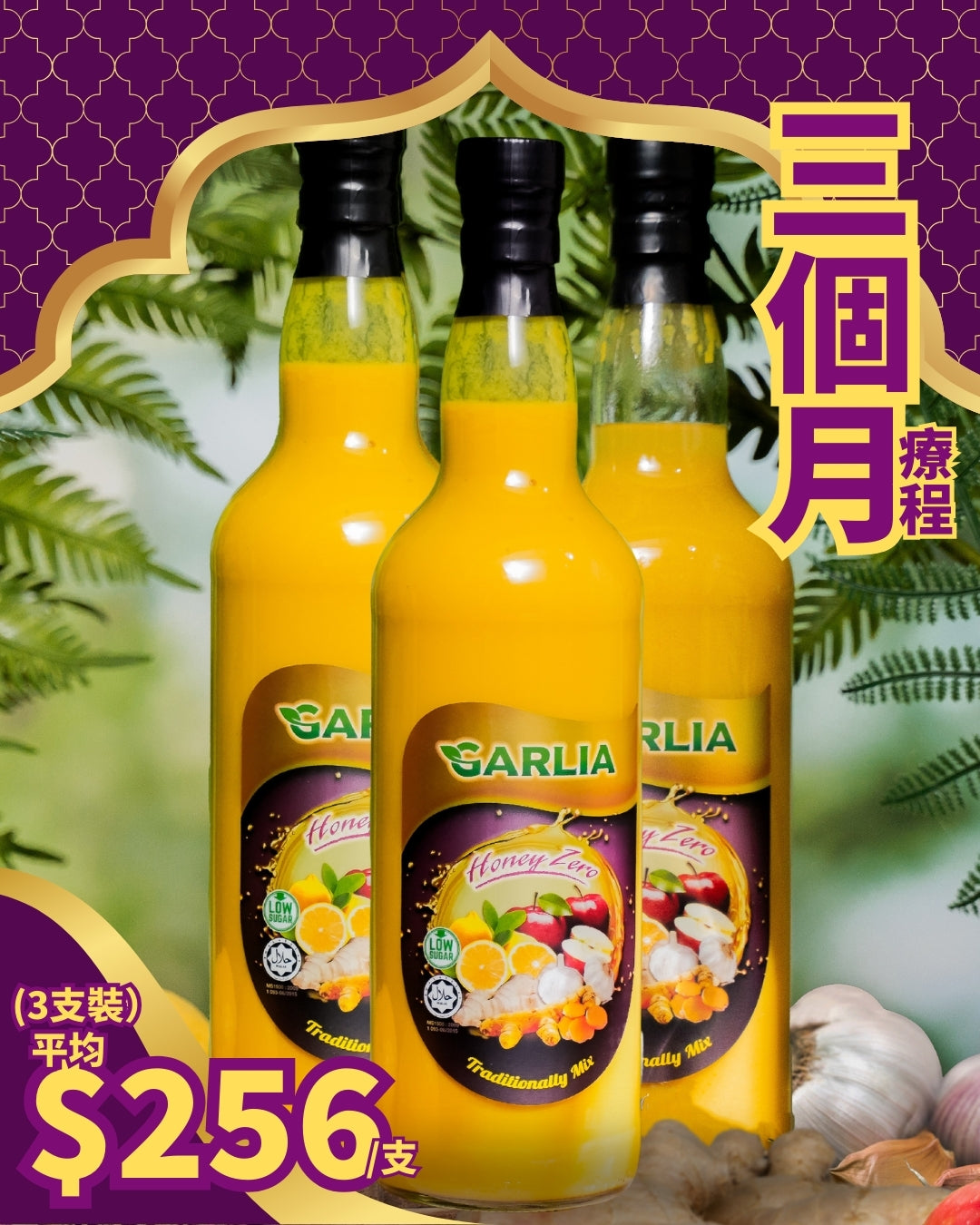 (三個月療程 - 3支裝) Garlia 加利雅 - 低糖原生特濃 (無蜂蜜配方)・薑蒜檸蘋果醋