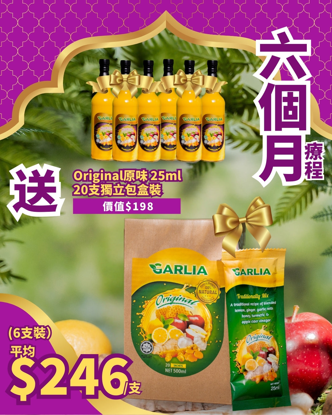 (六個月療程 - 6支裝Garlia 加利雅 - 低糖原生特濃 (無蜂蜜配方)・薑蒜檸蘋果醋 送 1盒蘋果醋20包獨立包裝)